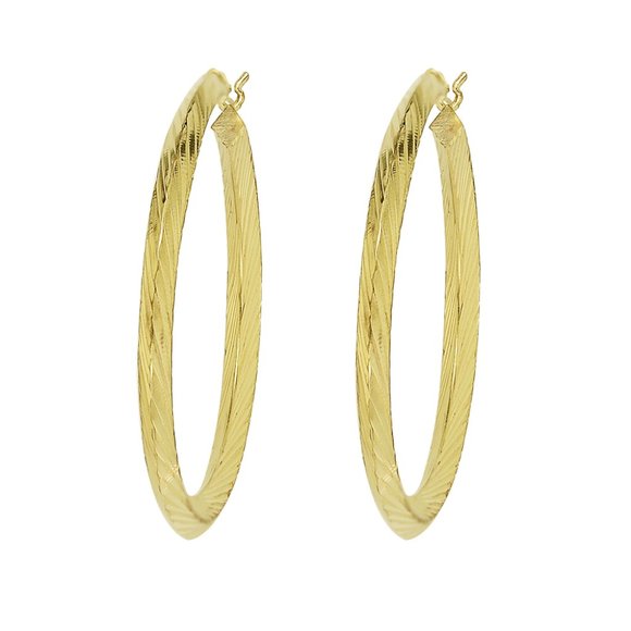 14K Yellow Gold Diamond Cut Round Hoop Earrings - Picture 2 of 4